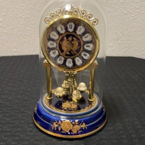 Reine Handarbeit Blue & Gold  Clock Porcelain Base Glass Dome crystals Vintage